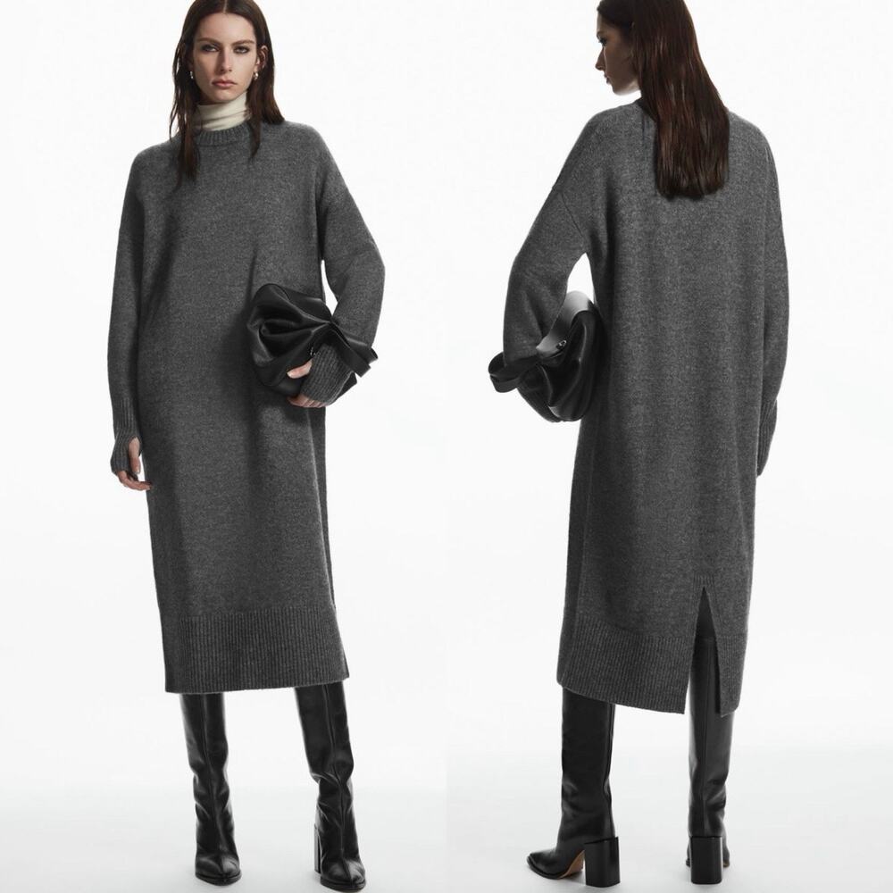 COS Dark Gray Alpaca Blend Knit Long Sleeve Relaxed Sweater Dress Large